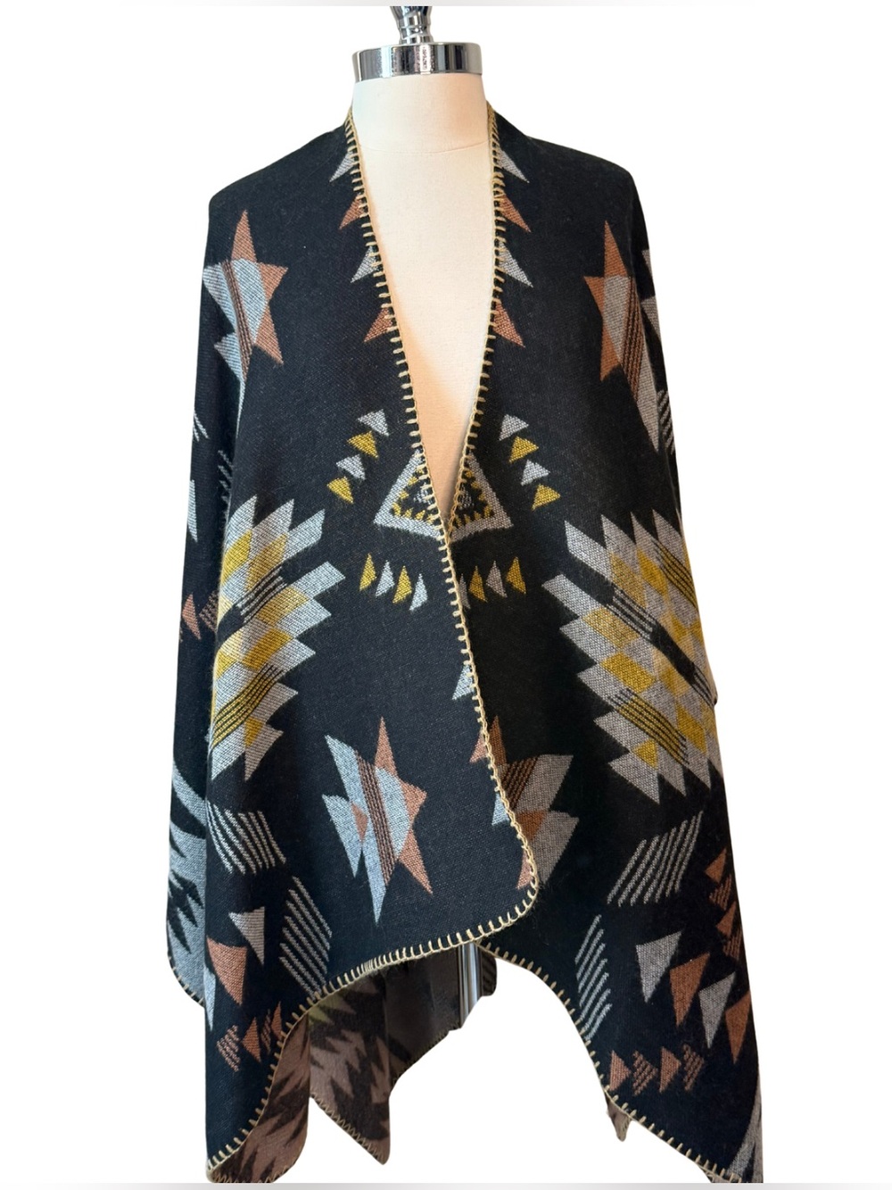 Boho Aztec Black Poncho with Geometric Print